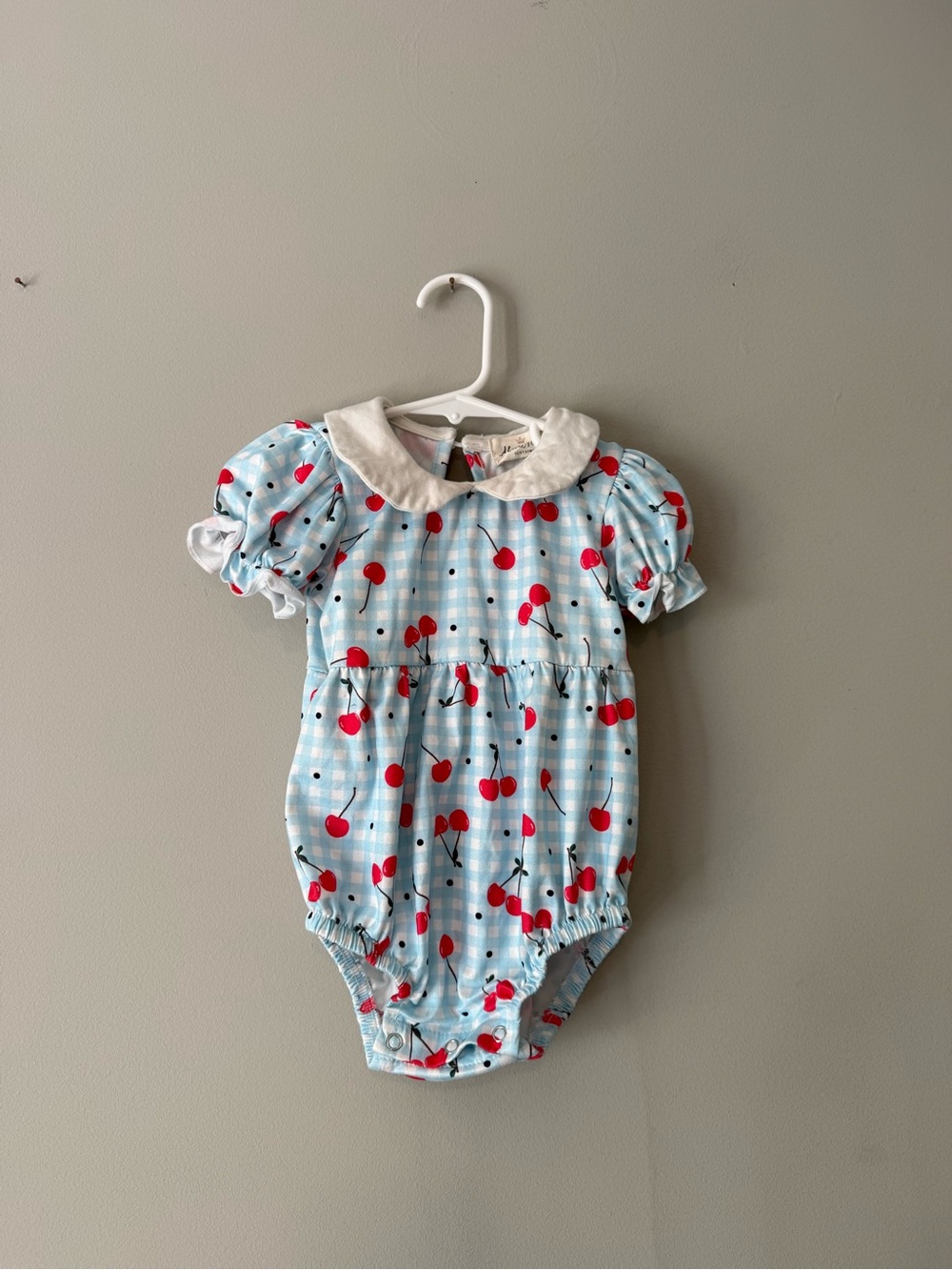 Marie Nicole Blue Gingham Cherry Print One-Piece Bodysuit with White Collar
